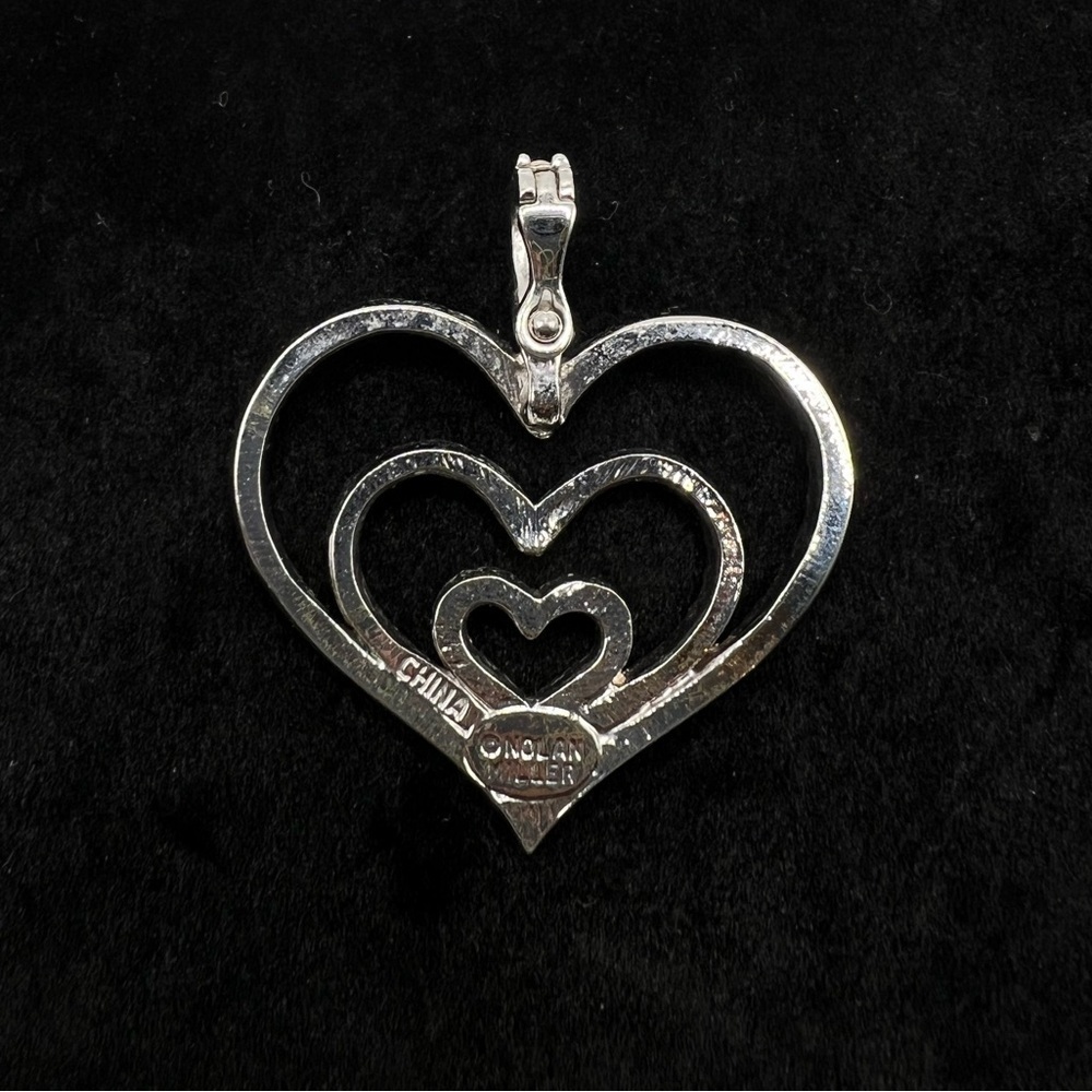 Nolan Miller Triple Heart Rhinestone Pendant Silver Tone 1.75” Statement - Picture 3 of 4